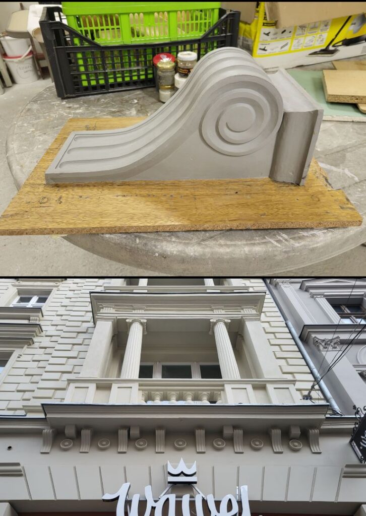 Rekonstrukcja architektoniczna wspornika w pracowni oraz gotowe detale sztukatorskie pod gzymsem odrestaurowanej kamienicy – RELIKT Konserwacja Zabytków